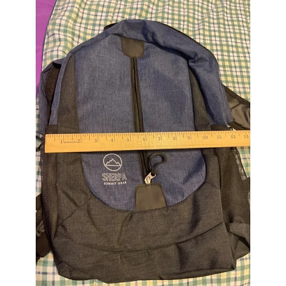 Sherpa Summit Gear Black and Blue Zippered Backpack NWOT 17 1/2 X 12